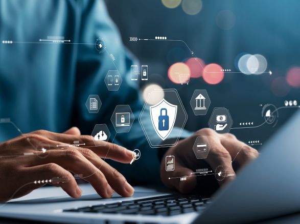 Keyboard with security icons hovering above it